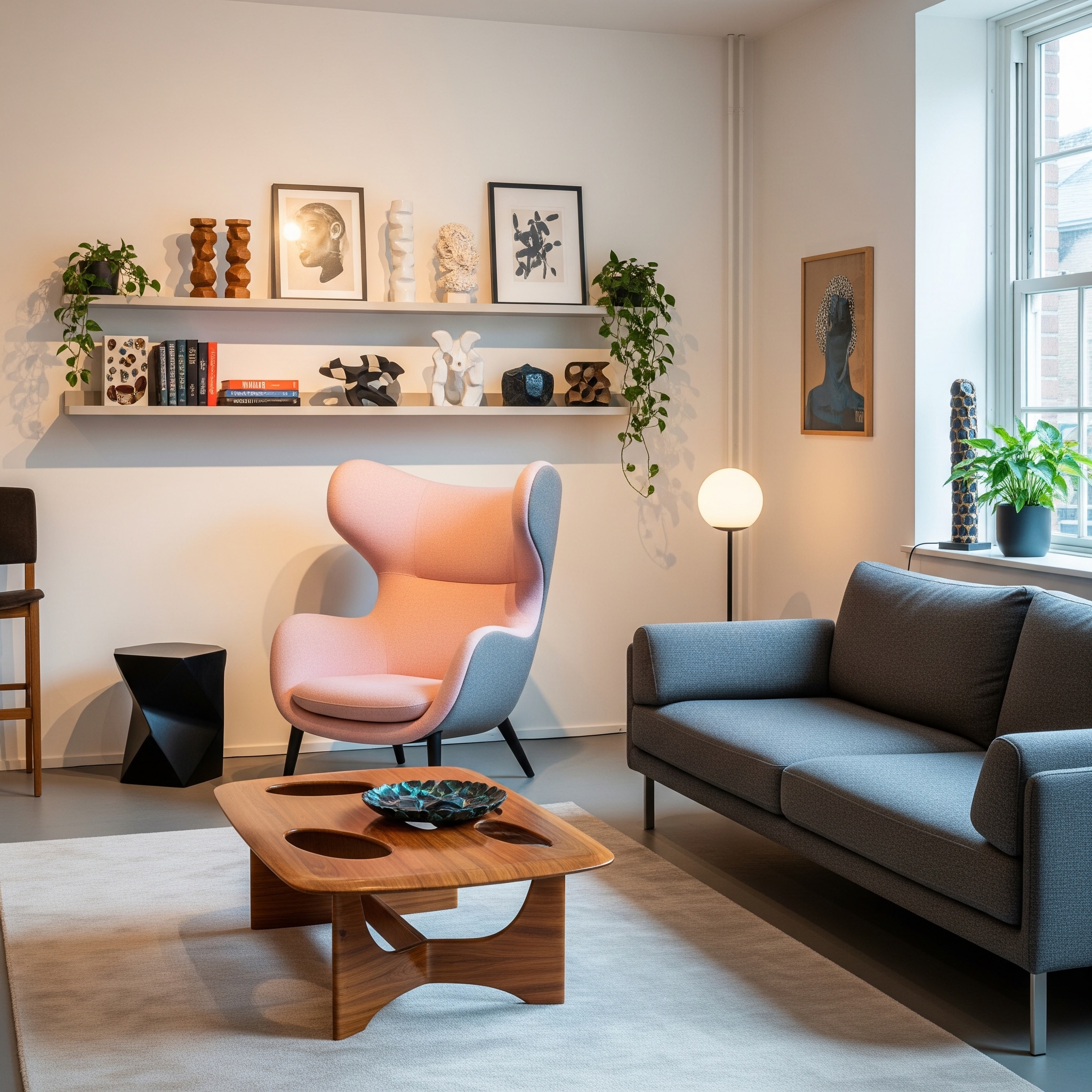 Furnished living room with sofa, coffee table, and decorations